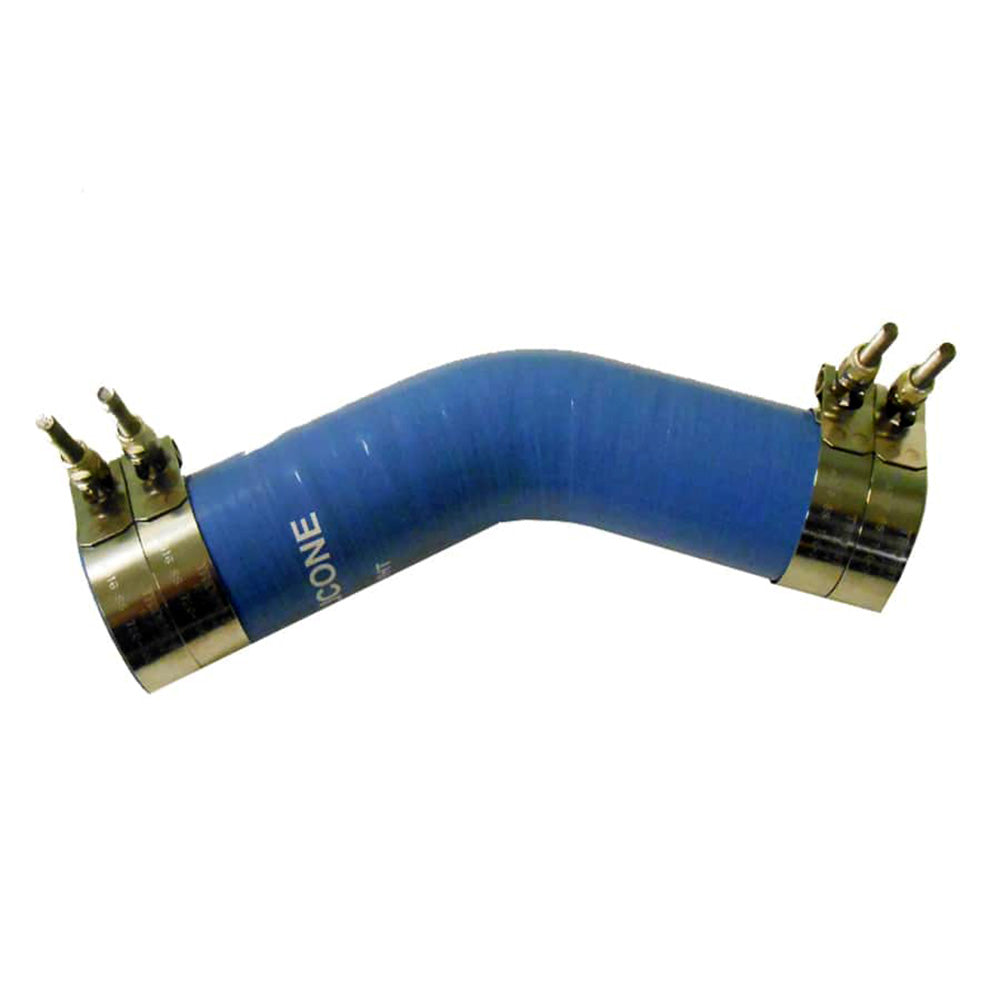 Codo de escape húmedo moldeado de silicona azul de 45° con diámetro interior de 2-1/2" de Trident Marine, incluye 4 abrazaderas de perno en T