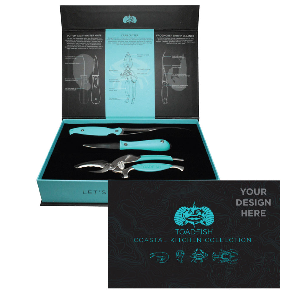 Toadfish Custom Engraved Coastal Kitchen Collection - Oyster Knife, Shrimp Cleaner & Crab Cutter - Seafood Tools Are NOT Engraved (MINIMUM ORDER QUANTITY OF 25)