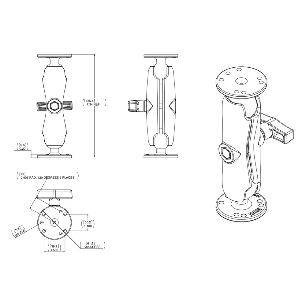 Brazo de doble enchufe con bola de 1.5" RAM Mount con 2 bases redondas de 2.5" - Patrón AMPs