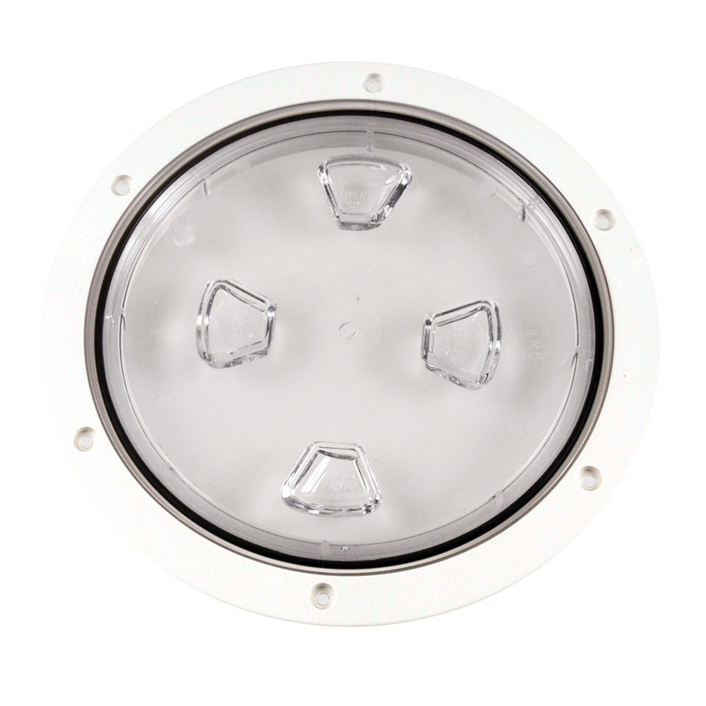 Tapa de cubierta de rosca Beckson de 8" transparente con centro - Blanca