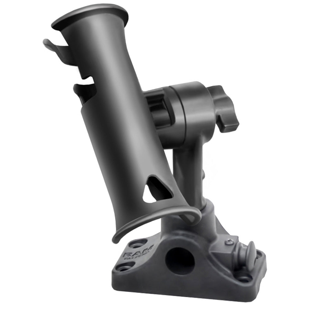 Soporte para caña de pescar RAM Mount RAM Tube Jr., poste con estrías de 4" de longitud estándar y base combinada para mamparo/superficie plana con pasador
