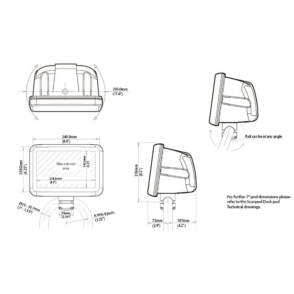 Scanstrut Scanpod 7" Helm Pod para montaje en riel - Sin cortar - Compatible con rieles de 1" - 1.33"