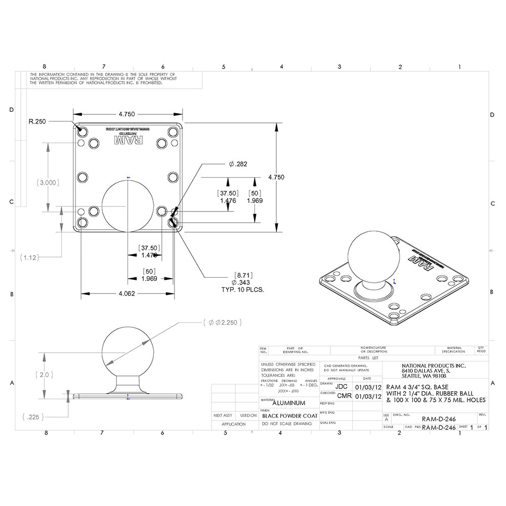 Placa VESA RAM Mount de 100x100 mm con bola de 2.25"