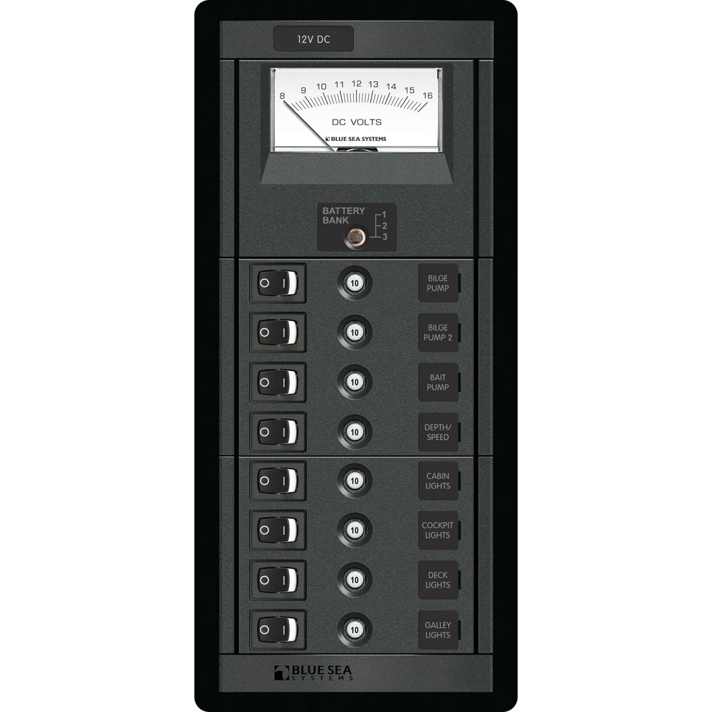 Panel de interruptores Blue Sea 1463 de 8 posiciones, con interruptores automáticos CLB y medidor, vertical
