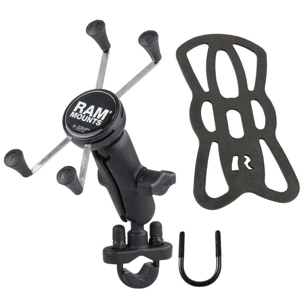 Soporte para manillar RAM Mount con base de perno en U recubierto de zinc y cuna universal X-Grip® para teléfonos grandes/phablets