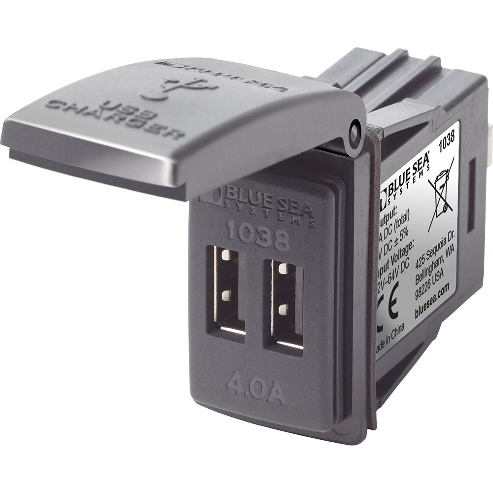 Cargador USB doble Blue Sea 1038 de 48 V con montaje de interruptor Contura