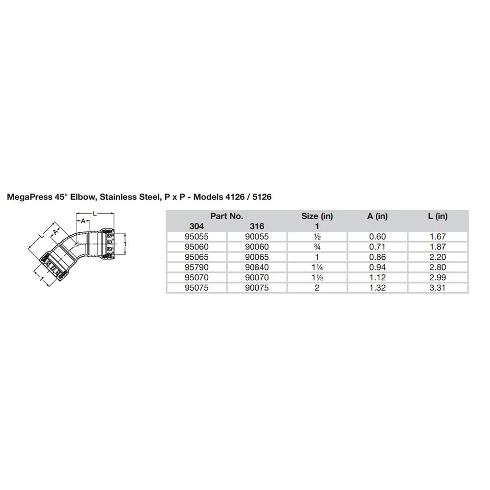 Codo de 45° Viega MegaPress de 1-1/2" de acero inoxidable 304 - Conexión de doble prensado - Tecnología Smart Connect