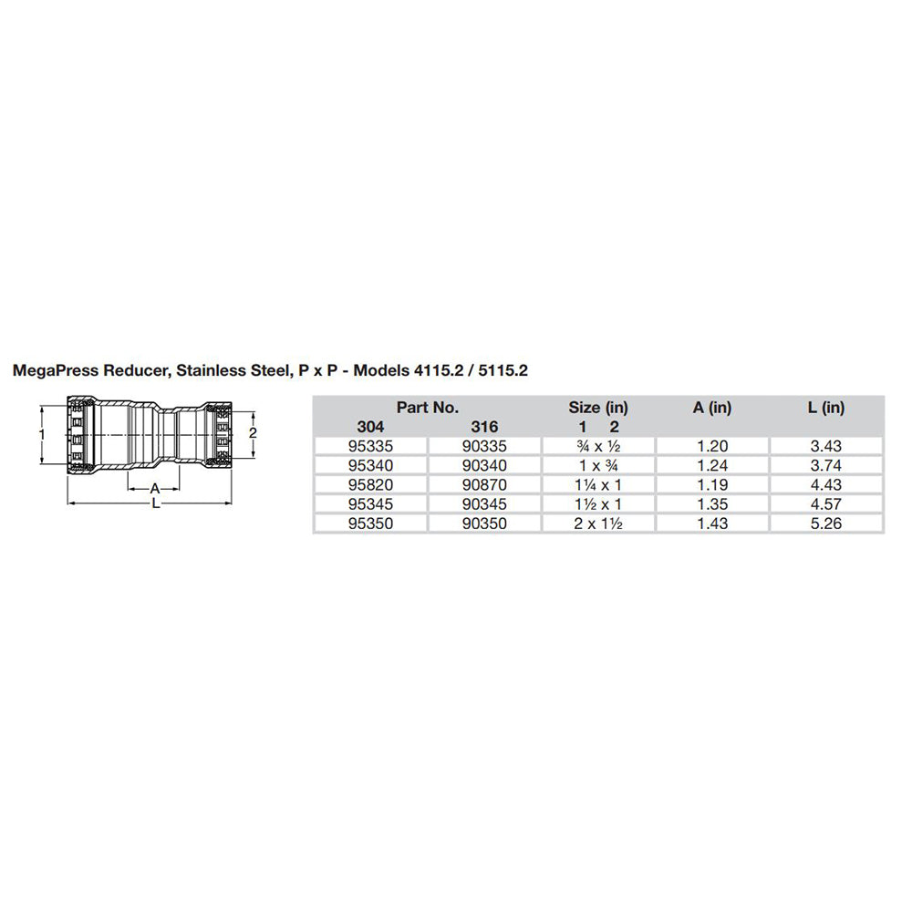 Reductor Viega MegaPress de acero inoxidable 304 de 3/4" x 1/2" - Conexión de prensado doble - Tecnología Smart Connect
