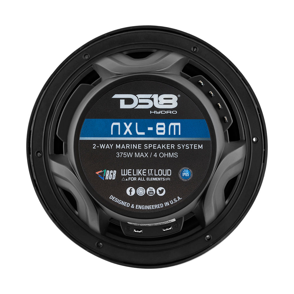 Altavoces marinos de 2 vías DS18 New Edition HYDRO de 8" con iluminación LED RGB de 375 W - Negros
