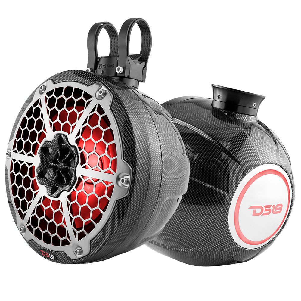 Torre de wakeboard DS18 HYDRO de 8" compacta con luz RGB - 375W - Fibra de carbono negra