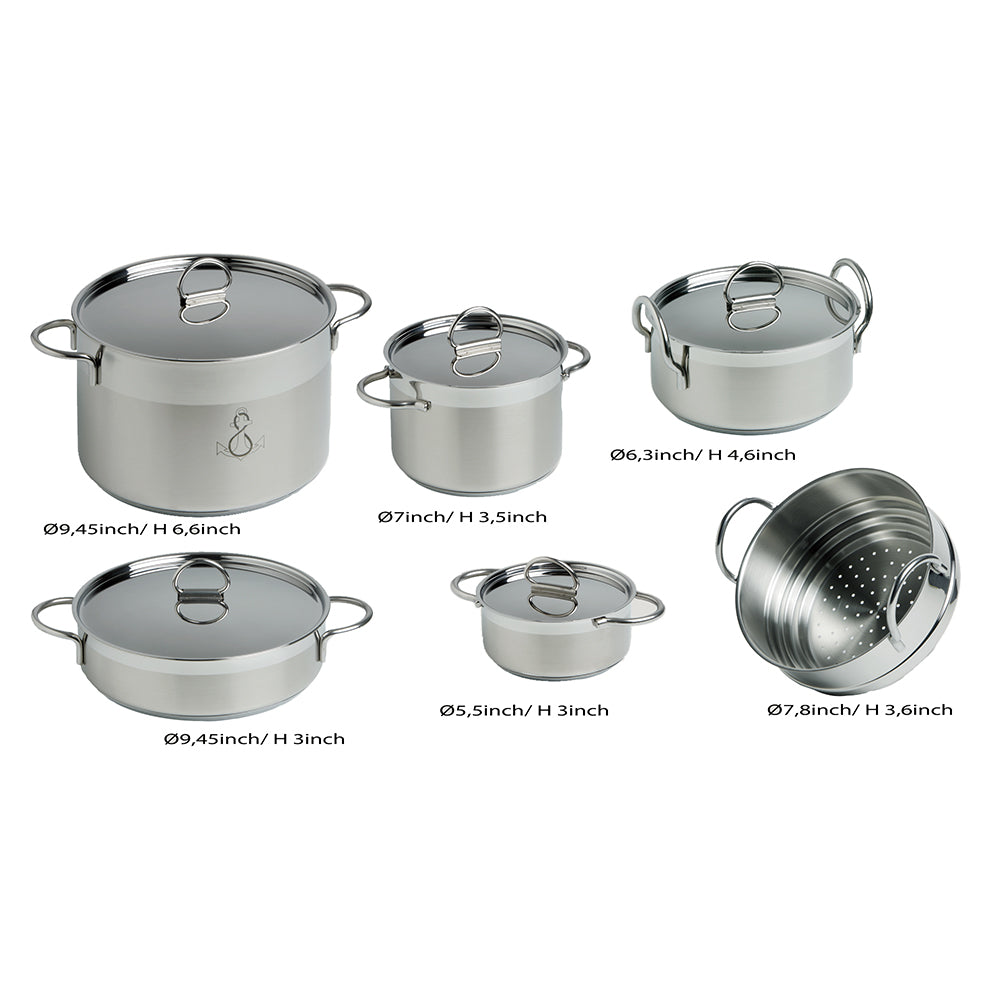 Juego de sartenes y ollas para cocina Marine Business, apilables - Acero inoxidable - Juego de 8 piezas