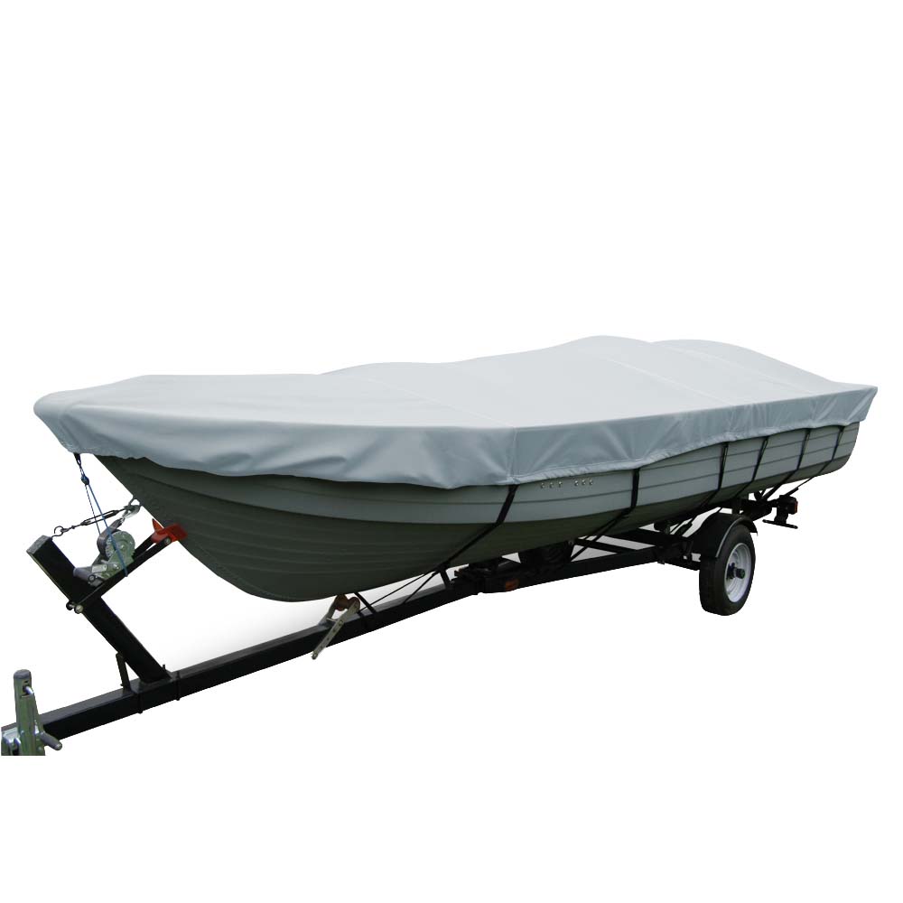 Funda para embarcaciones Carver Poly-Flex II Wide Series diseñada a medida para lanchas de pesca con casco en V de 17.5' sin motor - Gris