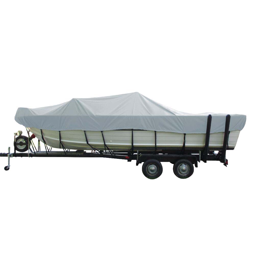 Funda para embarcación Carver Poly-Flex II Wide Series con diseño a medida para botes de aluminio de 18.5' con casco en V y motor intraborda con parabrisas de paso - Gris