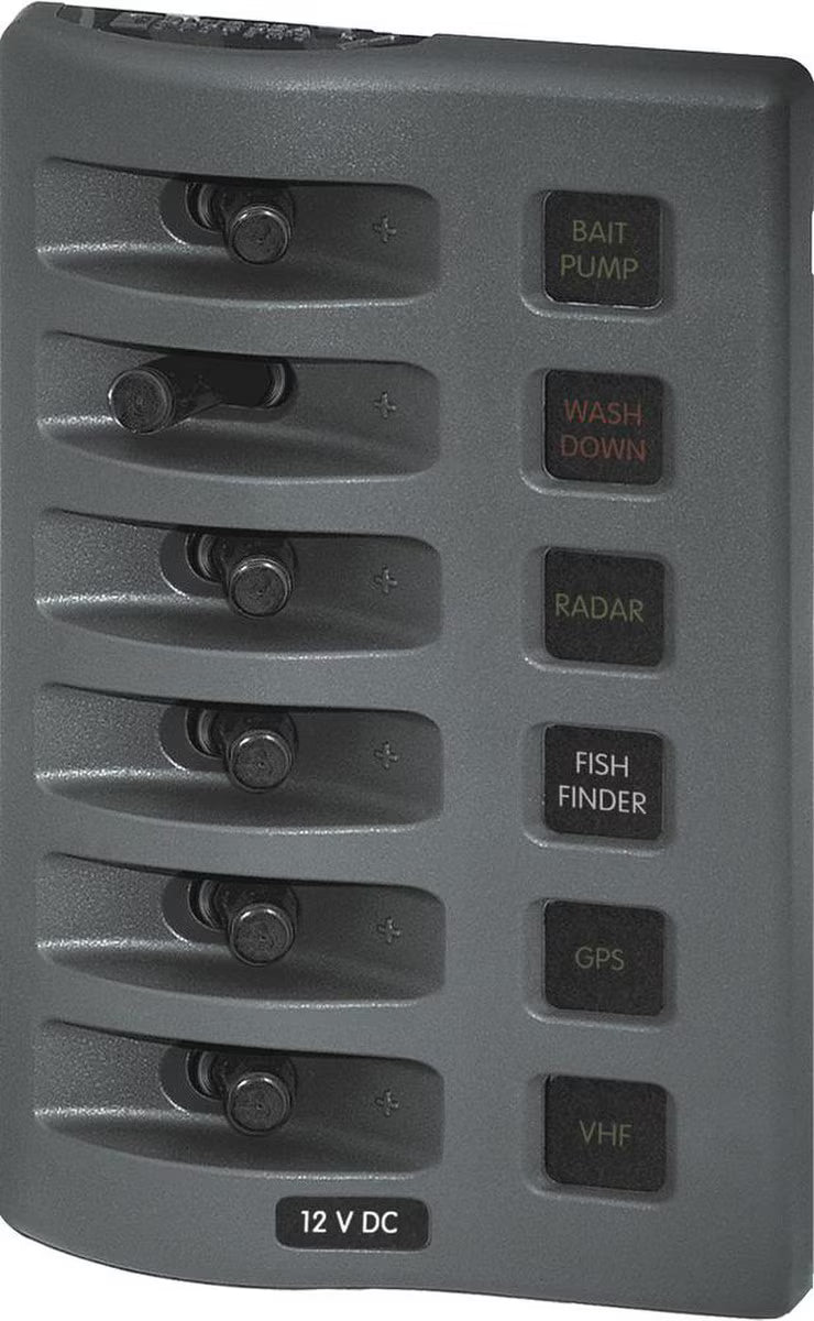 Panel de fusibles resistente al agua WeatherDeck de Blue Sea 4306 - 6 posiciones - Gris