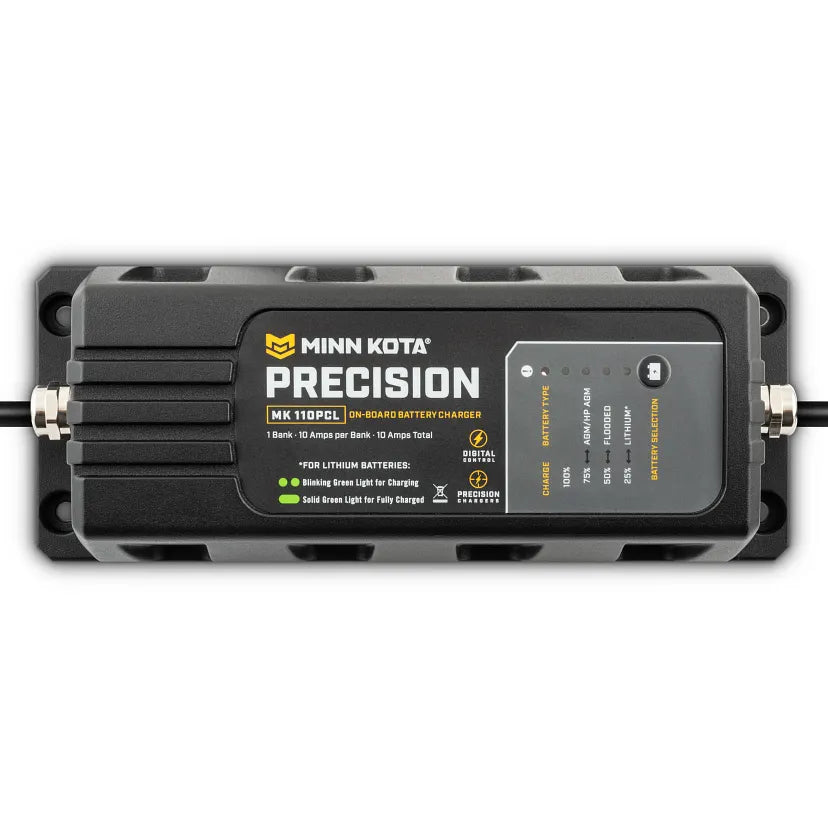 Cargador a bordo Minn Kota Precision MK-110 PCL, 1 banco x 10 amperios, optimizado para litio