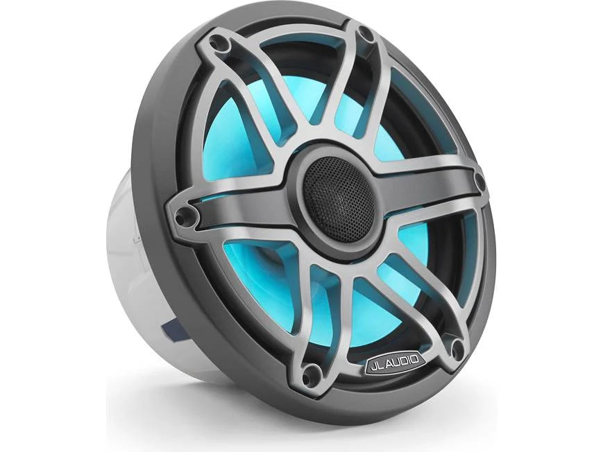 Altavoces coaxiales marinos JL Audio serie M6 de 7.7" con rejilla deportiva gris metálico e iluminación LED Transflective™ - M6-770X-S-GmTi-i