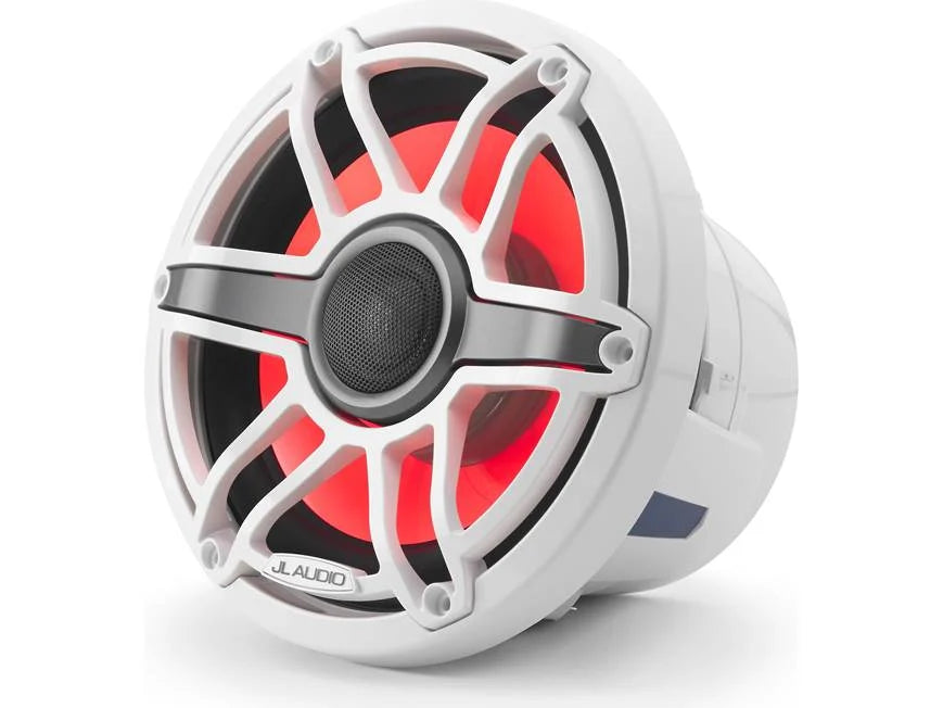 Altavoces coaxiales marinos JL Audio serie M6 de 8,8" con rejilla deportiva en blanco brillante e iluminación LED Transflective™ - M6-880X-S-GwGw-i