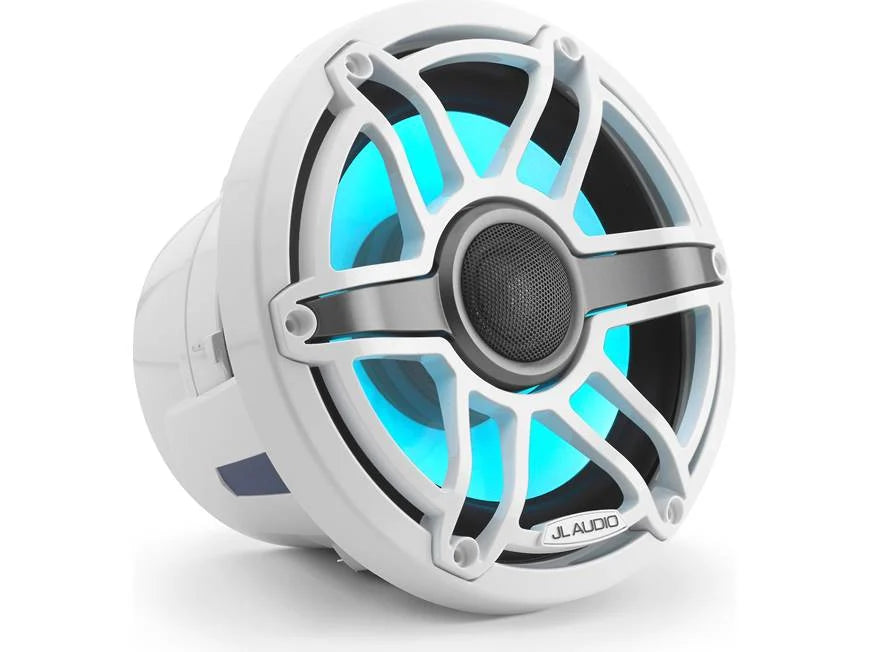 Altavoces coaxiales marinos JL Audio serie M6 de 8,8" con rejilla deportiva en blanco brillante e iluminación LED Transflective™ - M6-880X-S-GwGw-i