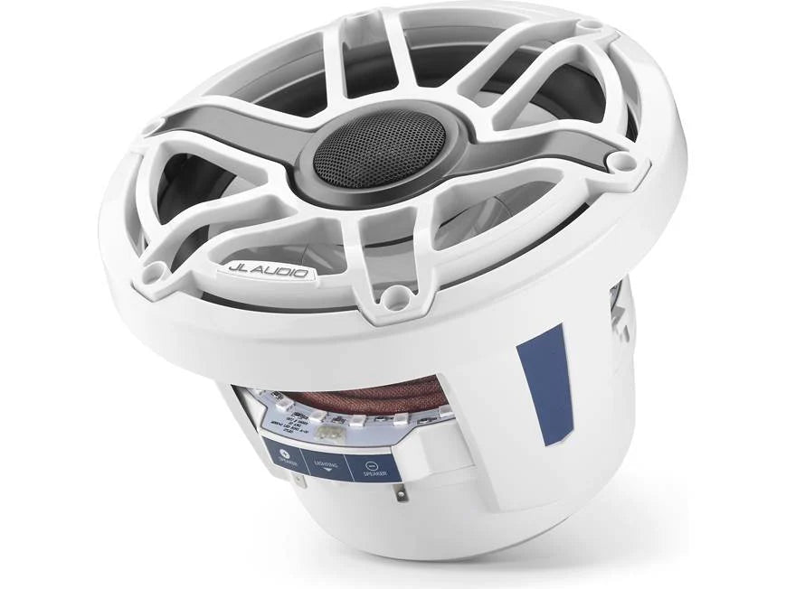 Altavoces coaxiales marinos JL Audio serie M6 de 8,8" con rejilla deportiva en blanco brillante e iluminación LED Transflective™ - M6-880X-S-GwGw-i