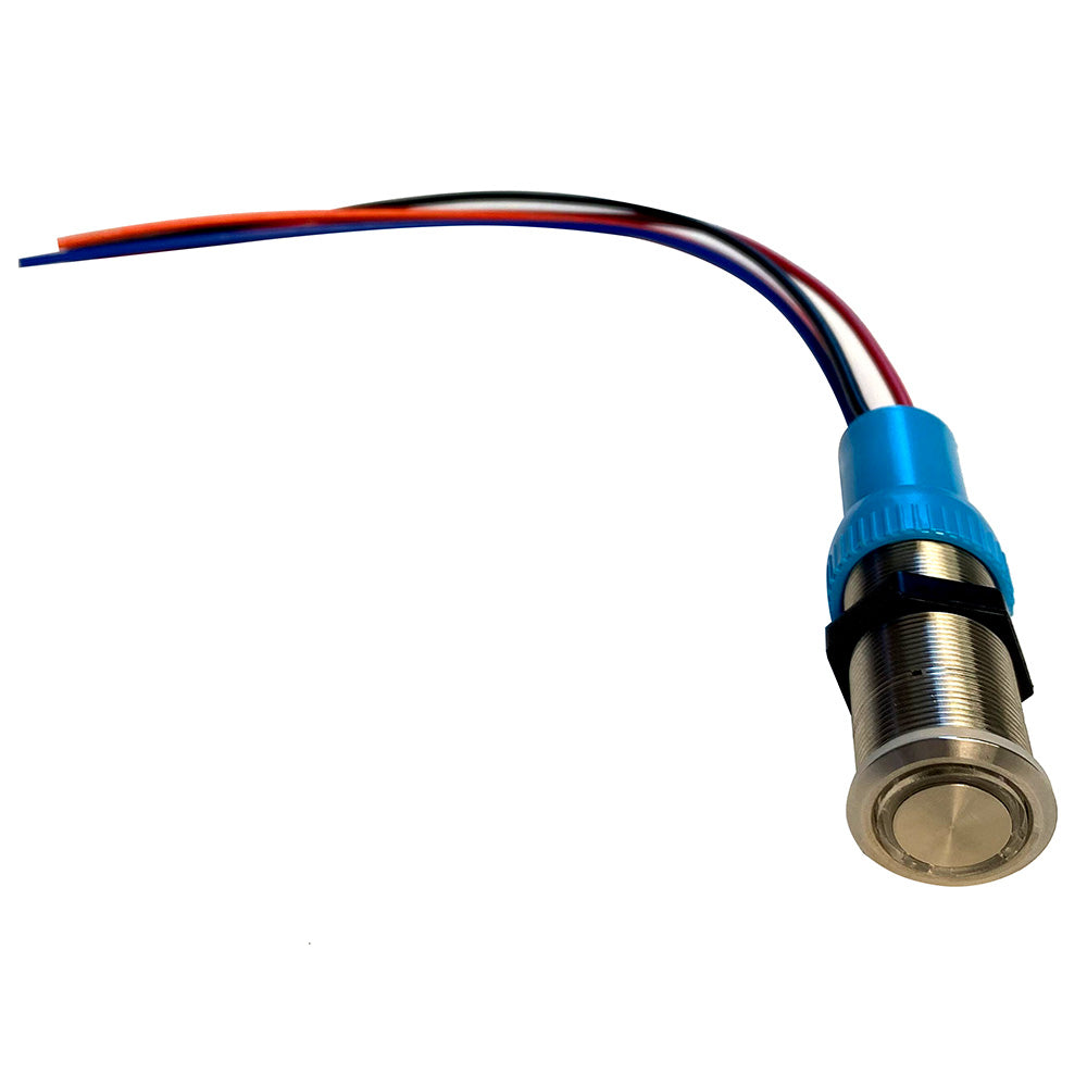 Interruptor de botón pulsador Bluewater de 19 mm - Apagado/(Encendido)/(Encendido) de doble contacto momentáneo - LED azul/verde/rojo - Cable de 1 pie