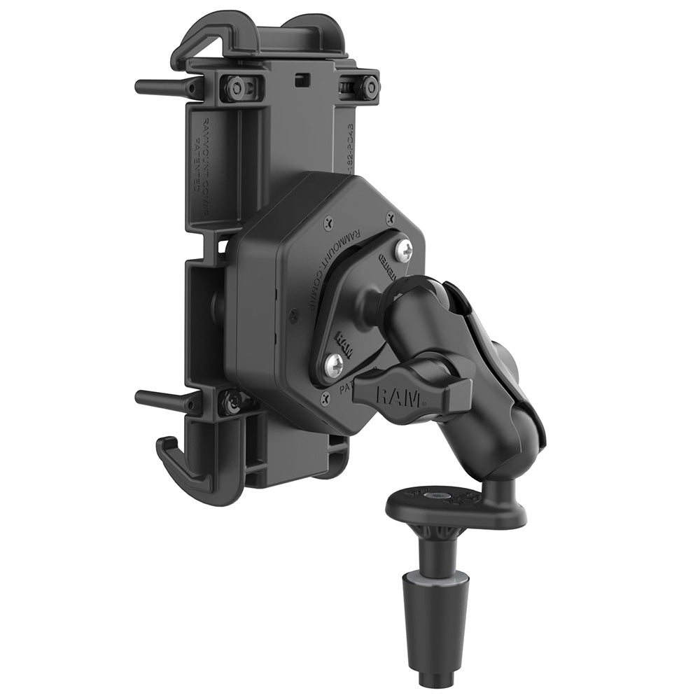 Soporte para teléfono RAM® Quick-Grip™ XL de RAM Mount con Vibe-Safe™ y base para vástago de horquilla - Corto