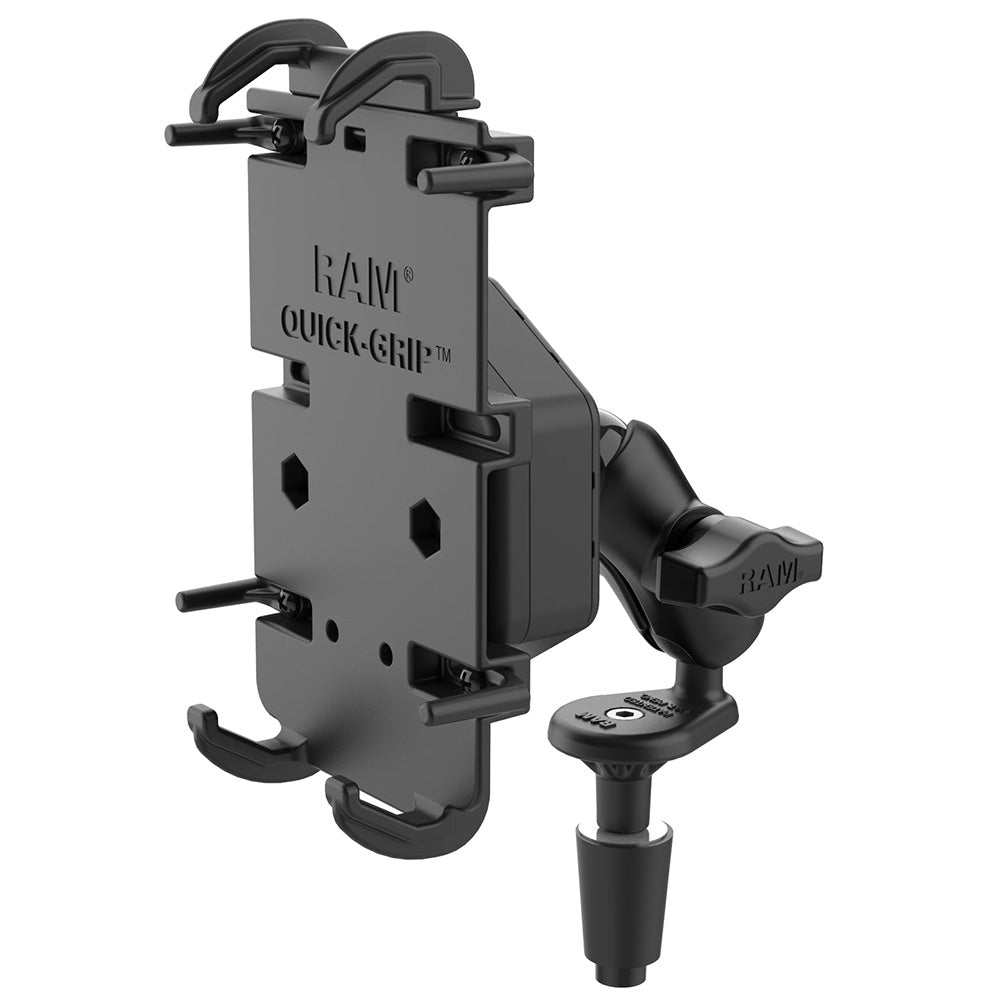 Soporte para teléfono RAM® Quick-Grip™ XL de RAM Mount con Vibe-Safe™ y base para vástago de horquilla - Corto