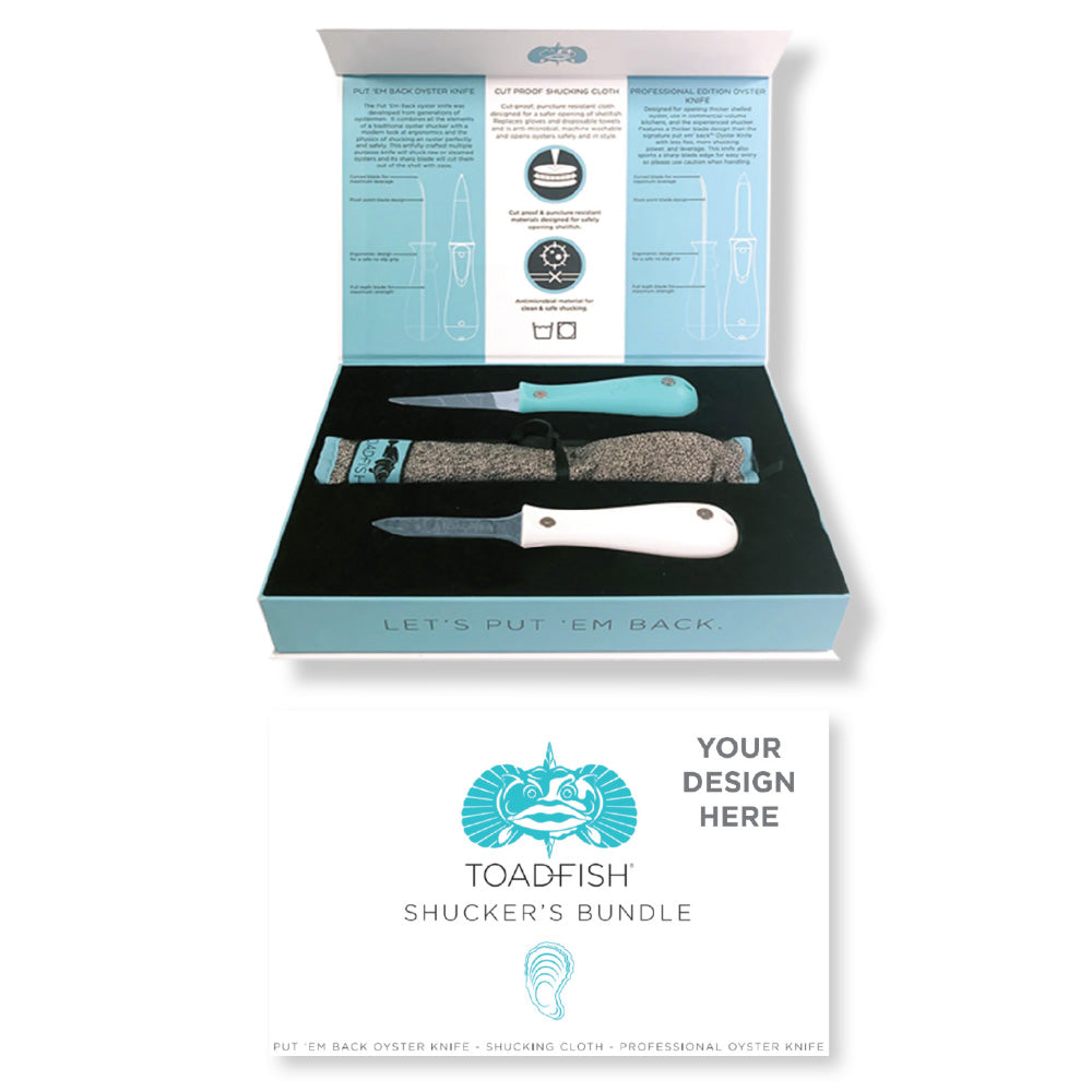 Toadfish Custom Engraved Shucker's Bundle - Teal Put 'Em Back Oyster Knife, Professional Oyster Knife & Cut-Proof Shucking Cloth - Knifes Are NOT Engraved (MINIMUM ORDER QUANTITY OF 25)