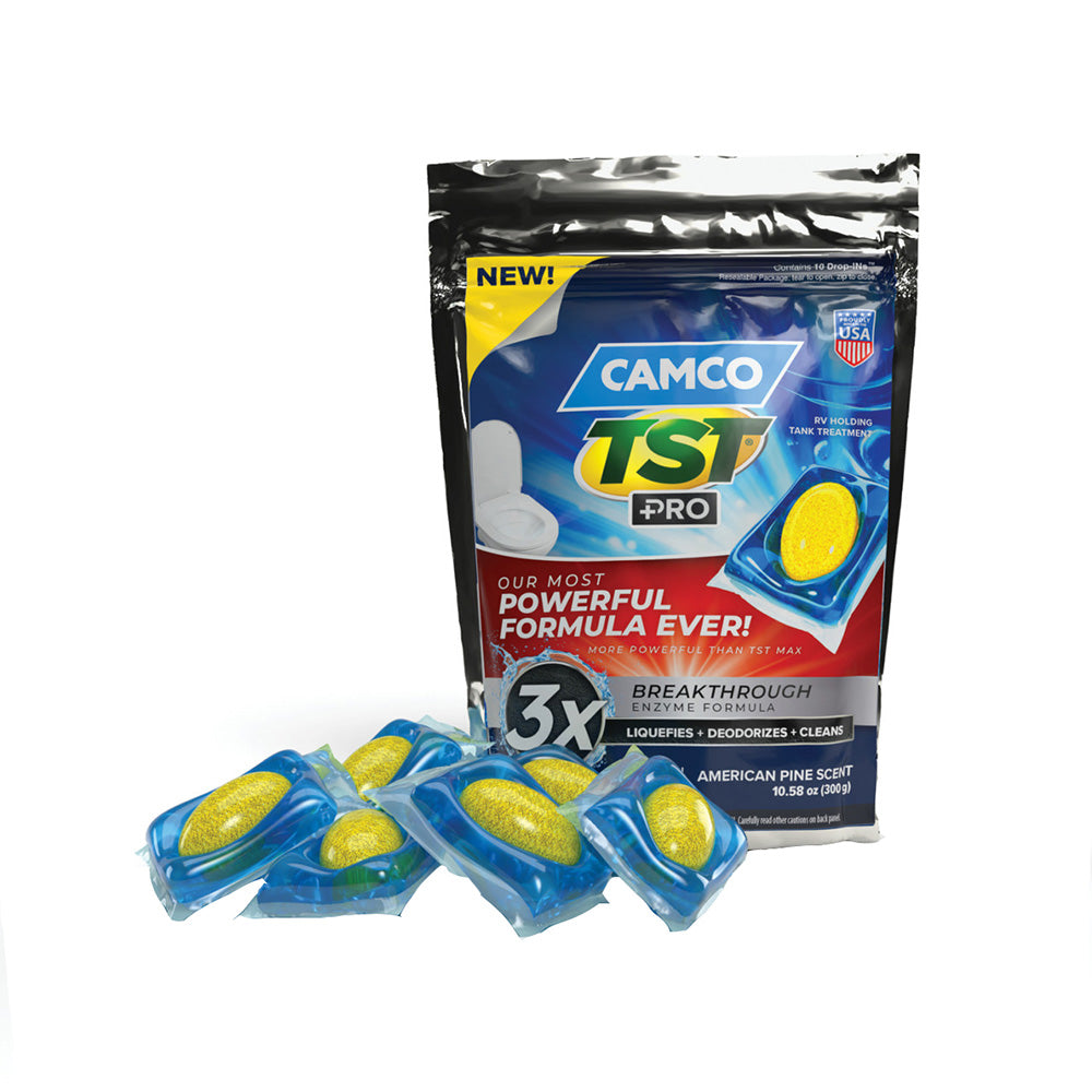 Camco TST Pro Pastillas para el tratamiento del tanque de aguas residuales de vehículos recreativos - Pino americano *Paquete de 10