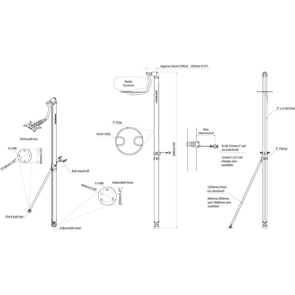 Soporte de radar de poste autonivelante Scanstrut LMP-1 - Domos Raymarine Garmin Navico de 2kW y 4kW