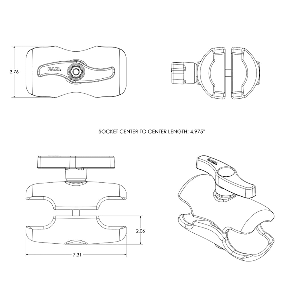 Brazo corto de doble enchufe RAM Mount para base de bola tamaño E de 3-3/8"