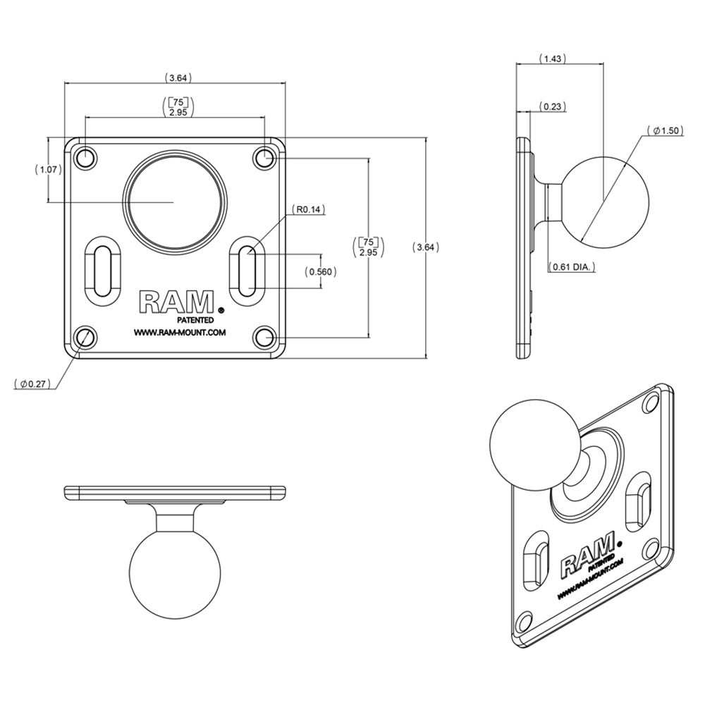 Placa VESA RAM Mount de 75 mm x 75 mm de 3.625" con bola de 1.5" de diámetro
