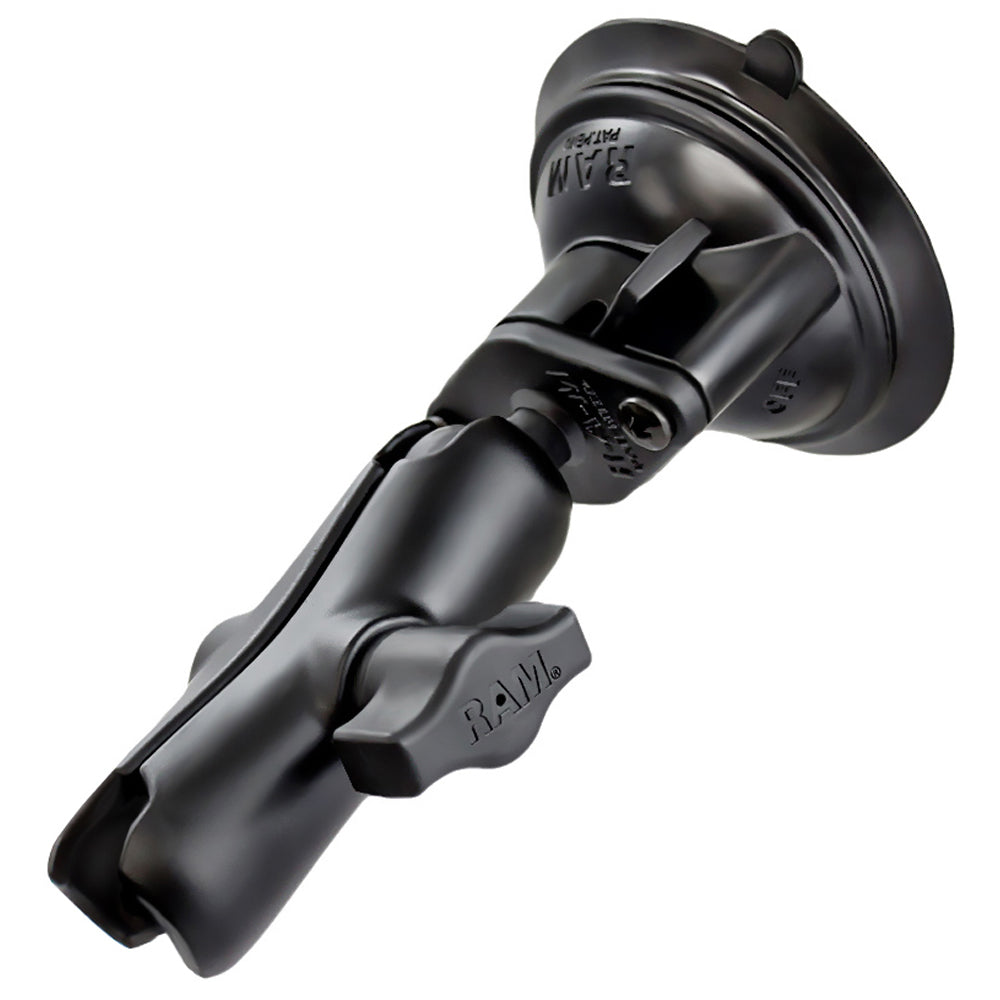 Brazo de doble enchufe de longitud estándar con bola de 1" de diámetro de RAM Mount y base con ventosa de giro y bloqueo de 3.25" de diámetro