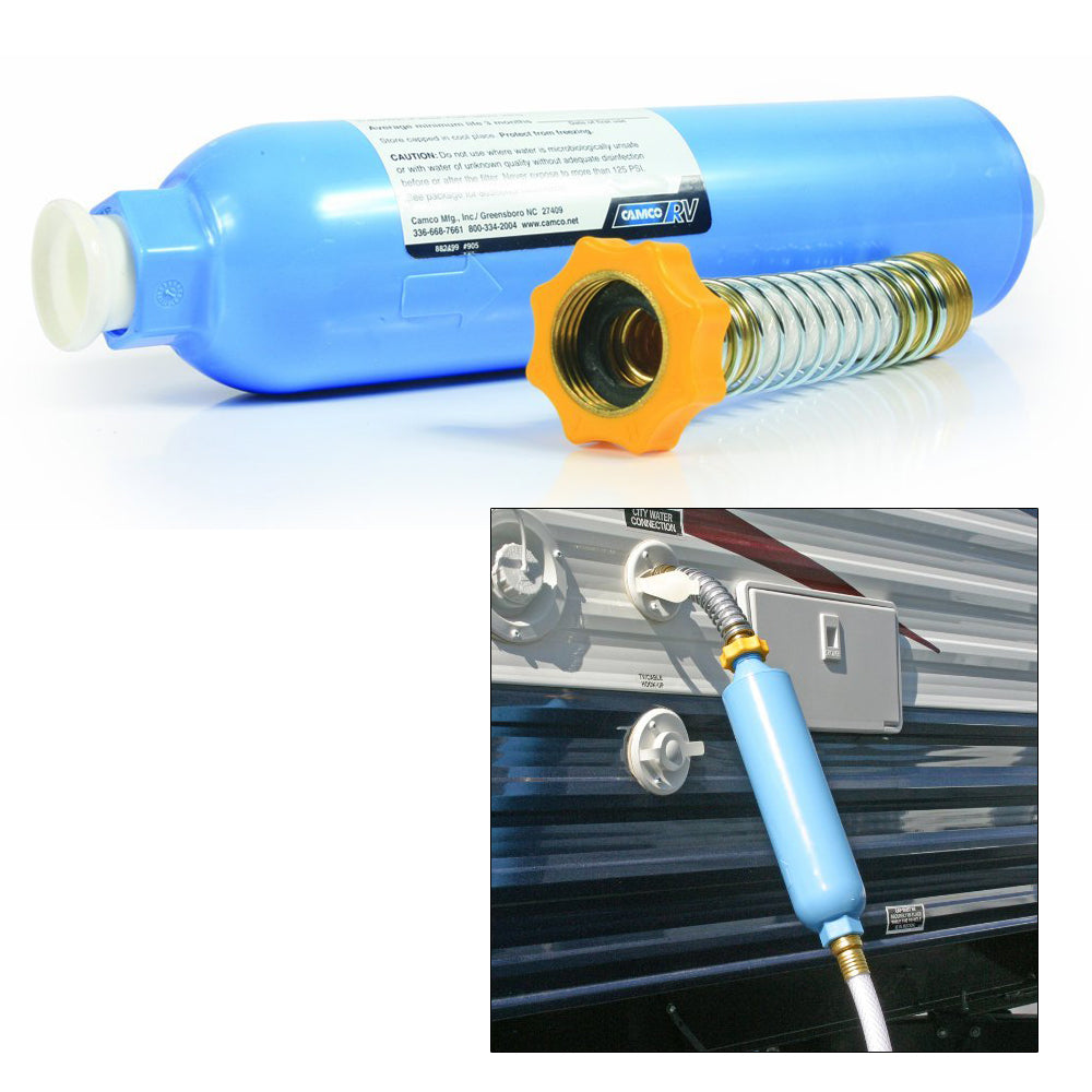 Filtro de agua Camco TastePURE KDF/Carbón con protector de manguera flexible