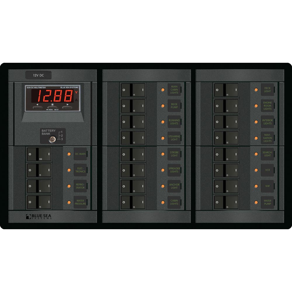 Blue Sea 1221 Panel principal de 12V CC + 19 posiciones con medidor digital