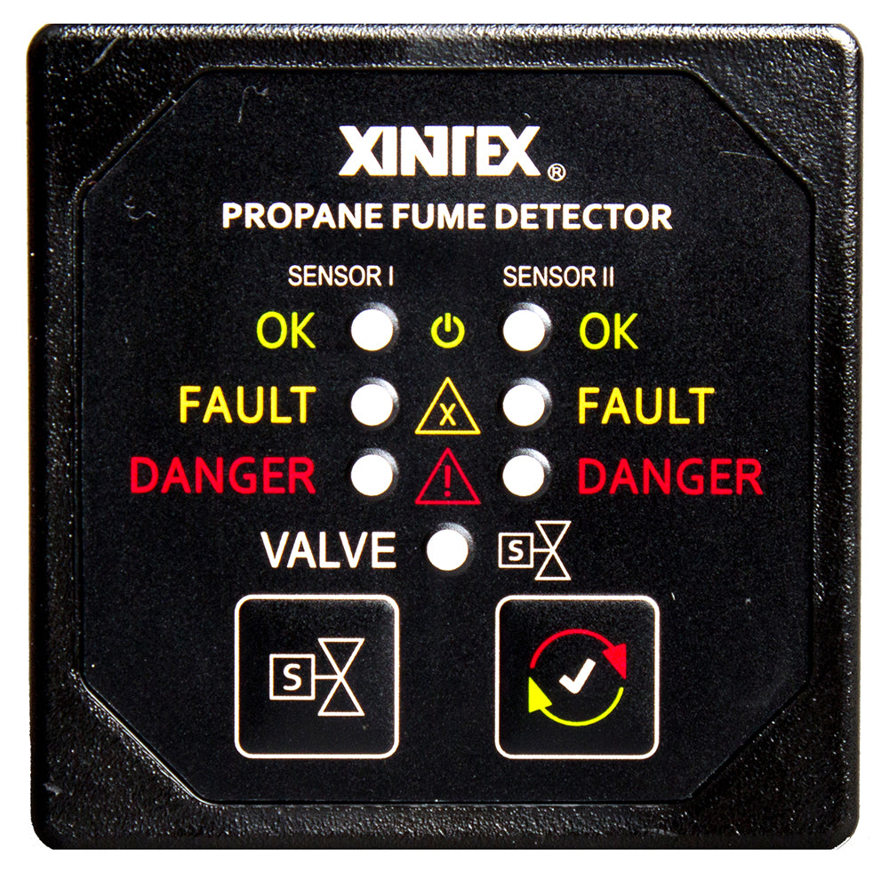 Detector y alarma de gas propano Fireboy-Xintex con 2 sensores de plástico y válvula solenoide - Pantalla con bisel cuadrado negro