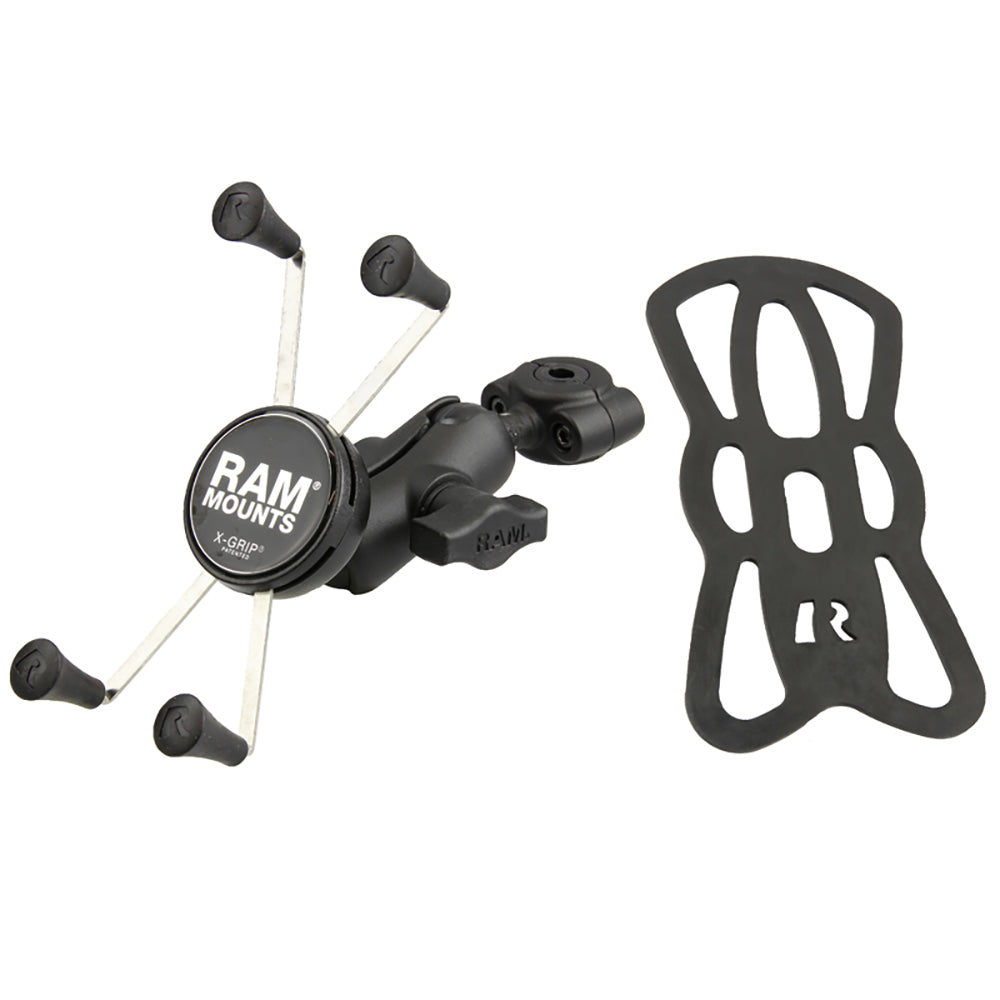 Base de montaje RAM® Torque™ para riel pequeño de 3/8" - 5/8" de diámetro con bola de 1", brazo corto y X-Grip® para teléfonos grandes
