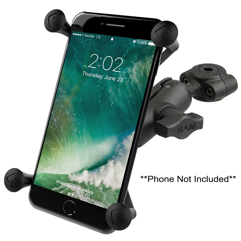 Base de montaje RAM® Torque™ para riel pequeño de 3/8" - 5/8" de diámetro con bola de 1", brazo corto y X-Grip® para teléfonos grandes