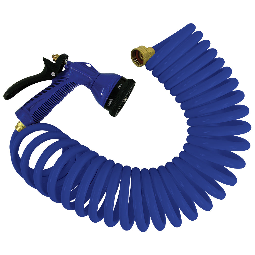 Manguera en espiral azul Whitecap de 50' con boquilla ajustable