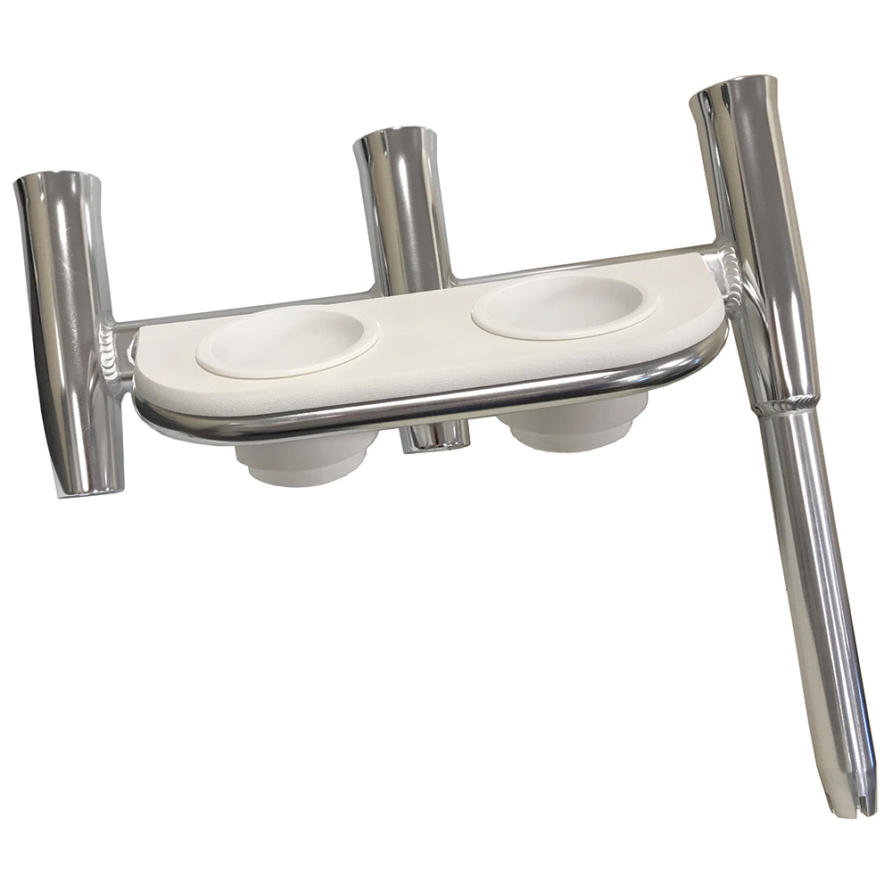 Soporte triple para cañas con compensación de tigre con portavasos - Babor - Aluminio pulido