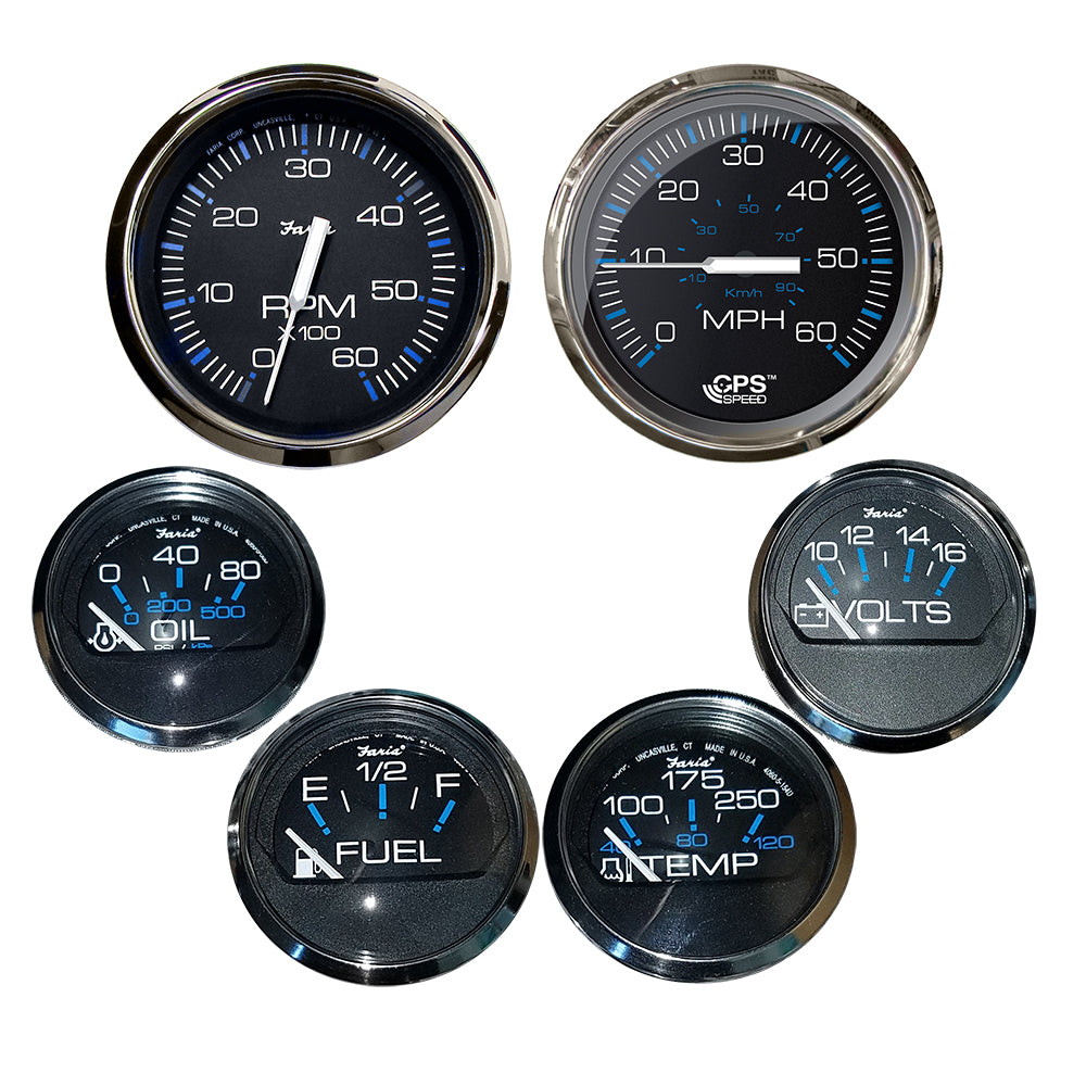 Juego de 6 instrumentos Faria Chesapeake en caja, fondo negro con bisel de acero inoxidable: velocidad, tacómetro, nivel de combustible, voltímetro, temperatura del agua y presión de aceite - Para motores intraborda