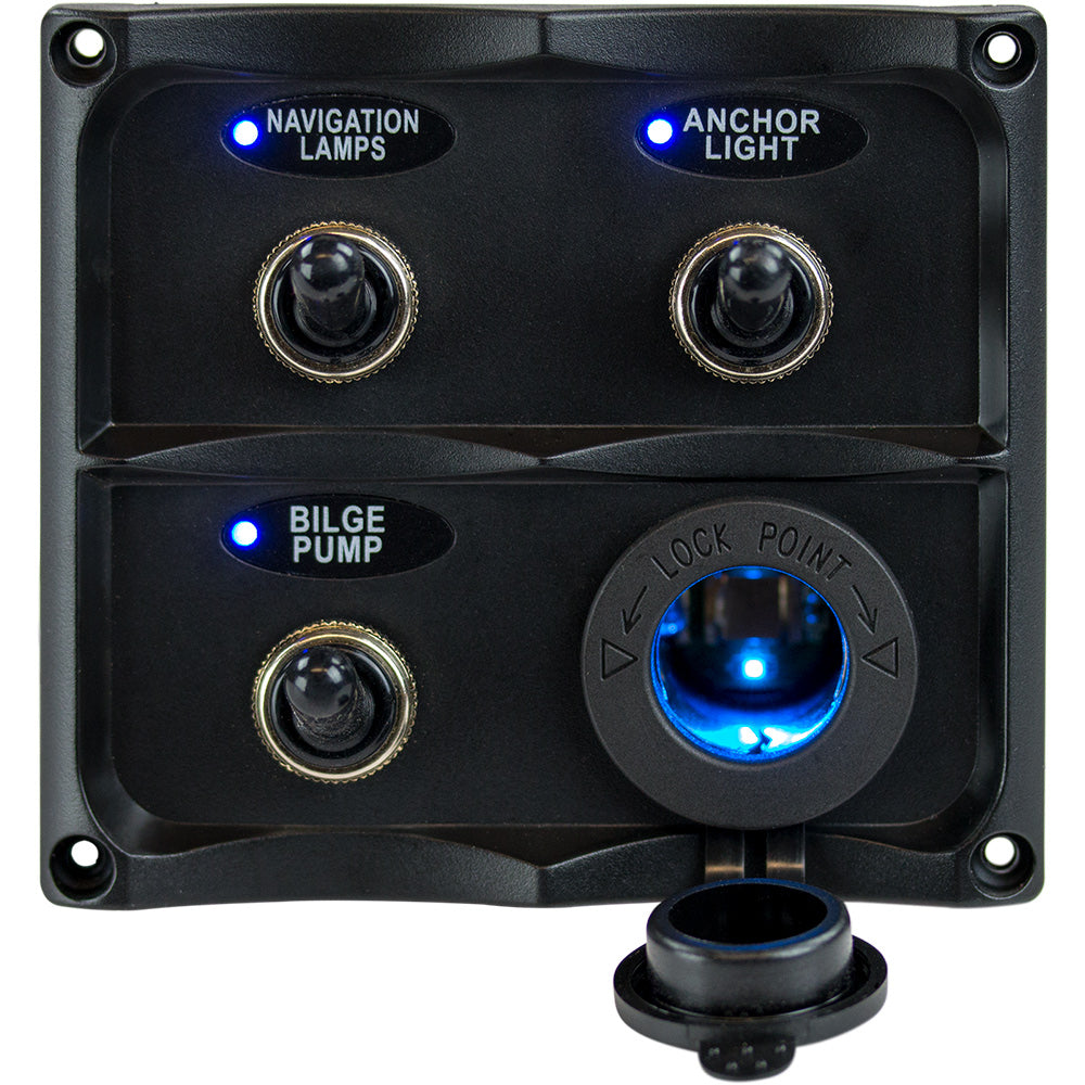 Panel de interruptores de palanca resistentes al agua Sea-Dog con toma de corriente LED - 3 interruptores