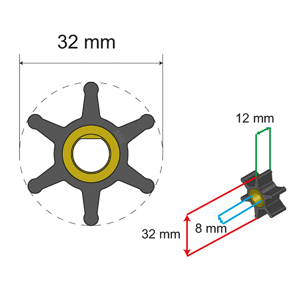 Kit de impulsor premium Albin Group - 32 x 8 x 12 mm - 6 paletas - Inserto plano único