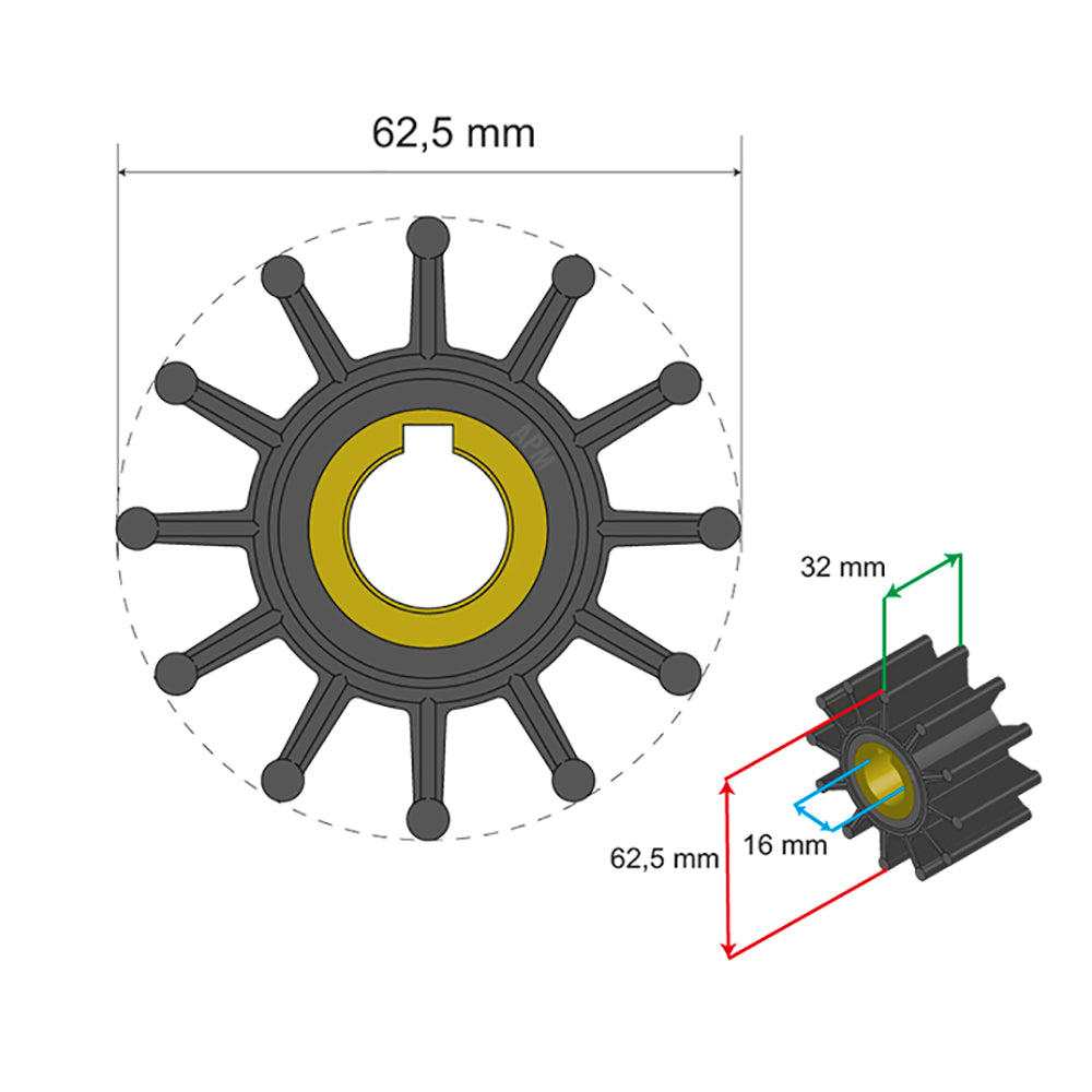 Kit de impulsor Premium Albin Group 62,5 x 16 x 32 mm - 12 paletas - Núcleo de chaveta