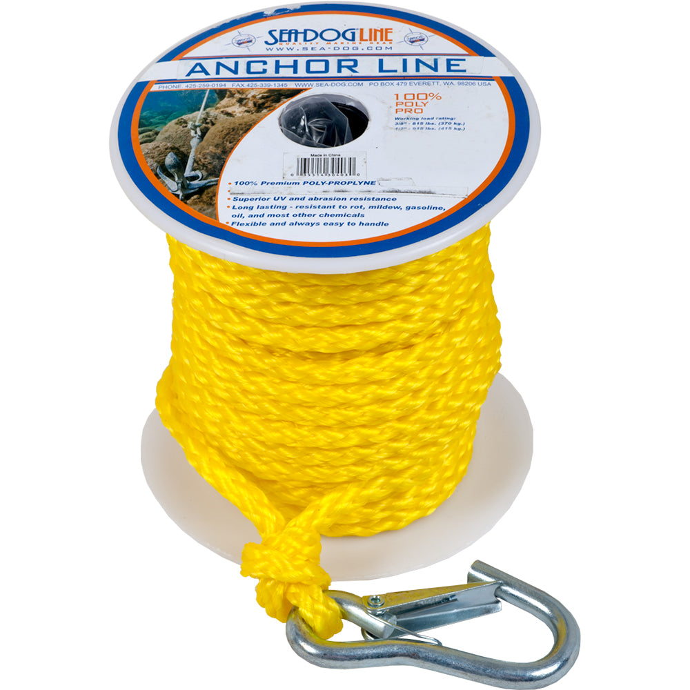 Cabo de anclaje de polipropileno Sea-Dog con mosquetón - 3/8" x 100' - Amarillo