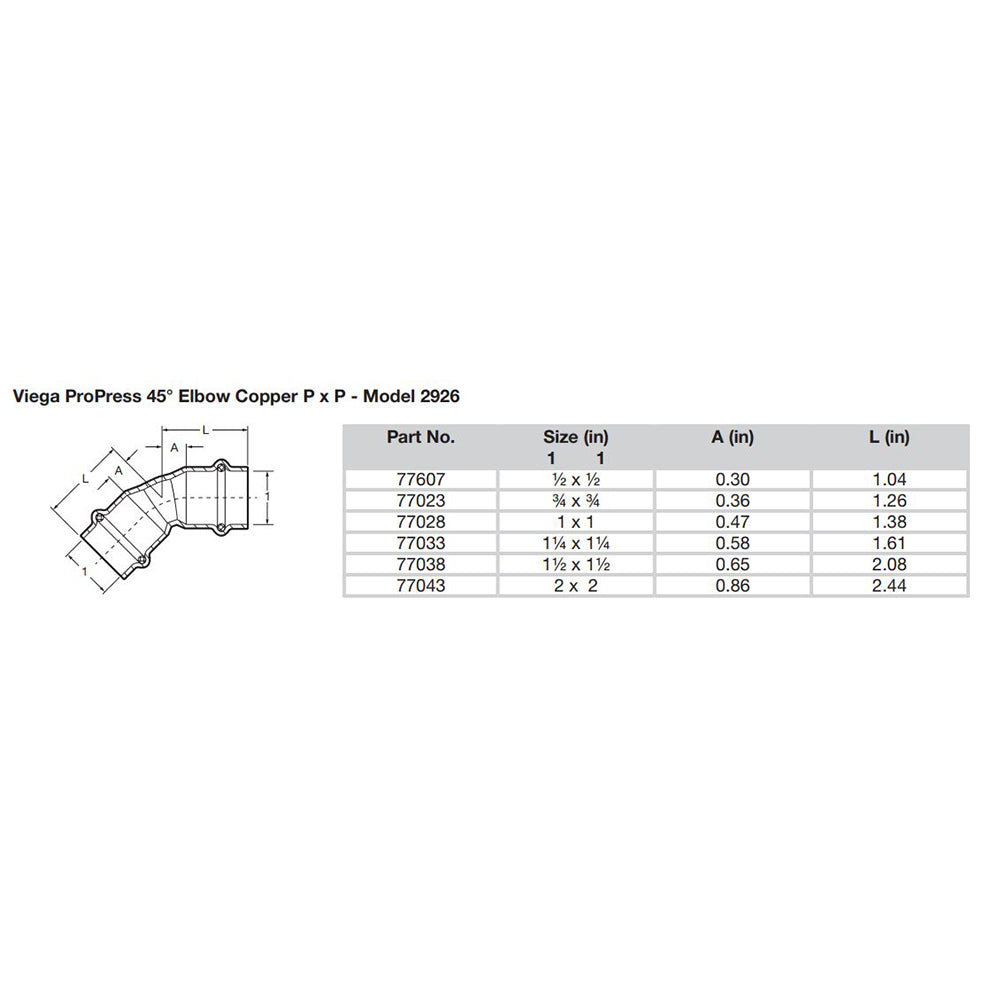Codo de cobre Viega ProPress de 1/2" a 45° - Conexión de doble prensado - Tecnología Smart Connect