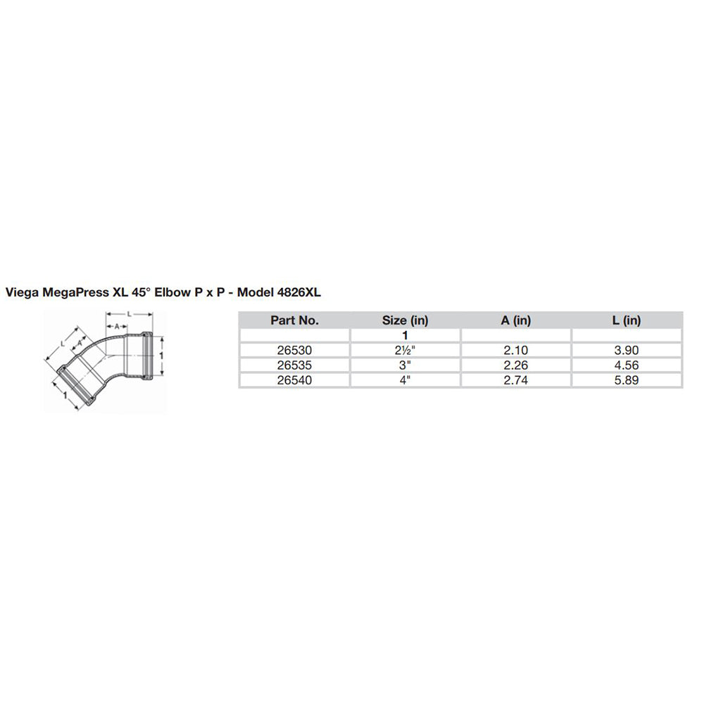 Codo de 45° de acero al carbono Viega MegaPress de 2-1/2" con FKM - Conexión de doble prensado - Tecnología Smart Connect