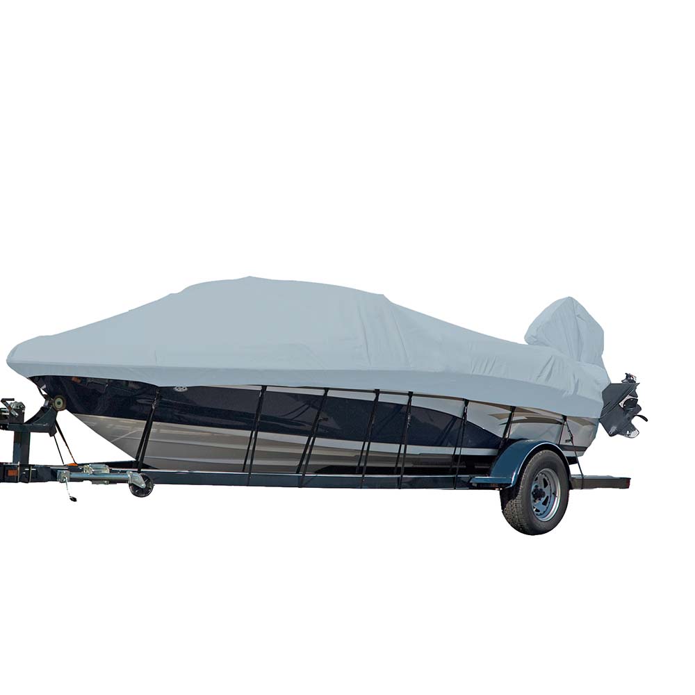 Funda para embarcación Carver Sun-DURA® de ajuste preciso para lanchas de 21.5' con casco en V, parabrisas y pasamanos/barandillas de proa - Gris