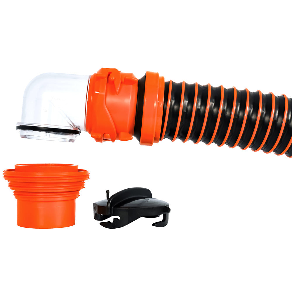 Kit de manguera de alcantarillado Camco RhinoEXTREME de 15 pies con adaptador giratorio y codo 4 en 1 con tapas