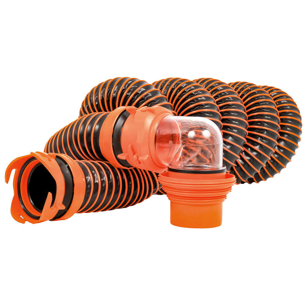 Kit de manguera de alcantarillado Camco RhinoEXTREME de 15 pies con adaptador giratorio y codo 4 en 1 con tapas