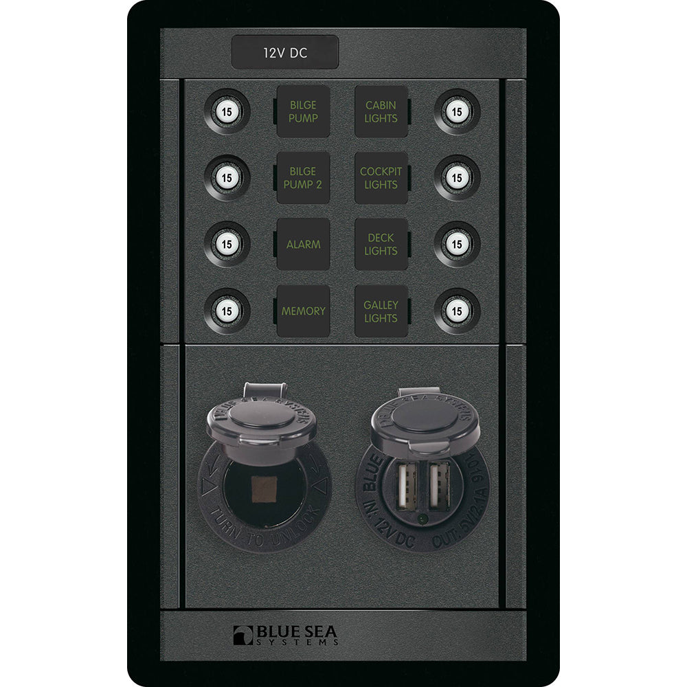 Blue Sea 1498 - Panel 360 - Panel de 8 posiciones de 12 V con doble USB y toma de 12 V